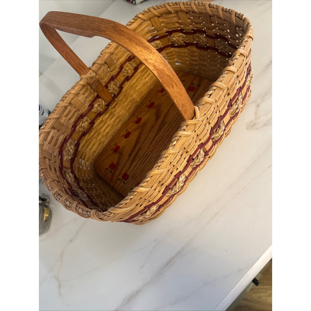 Handmade Woven Splint Basket Wood Base Hand Painted Apple Border Farmhouse Decor